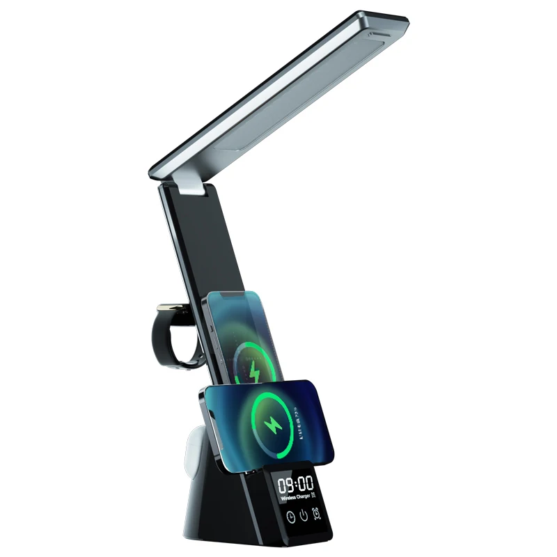 15 Вт 3 в 1 QI Wireless Chager LED Настольная Лампа С Будильником Eye Protect Table Light Быстрая Зарядка для iPhone 12S/12Pro iWatch