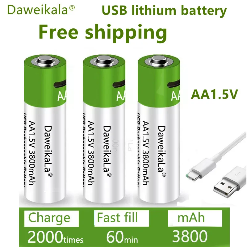 2021 Новый USB AA Аккумуляторные батареи 1,5 В 3800 мАч литий-ионный аккумулятор для дистанционного управления мышью Электрический игрушечный аккумулятор + Кабель Type-C