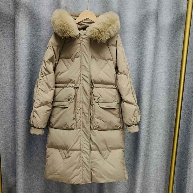 2023 Женская одежда Осень-зима, Новое утолщенное теплое пальто в корейском стиле средней длины с большим меховым воротником, пуховик 0907