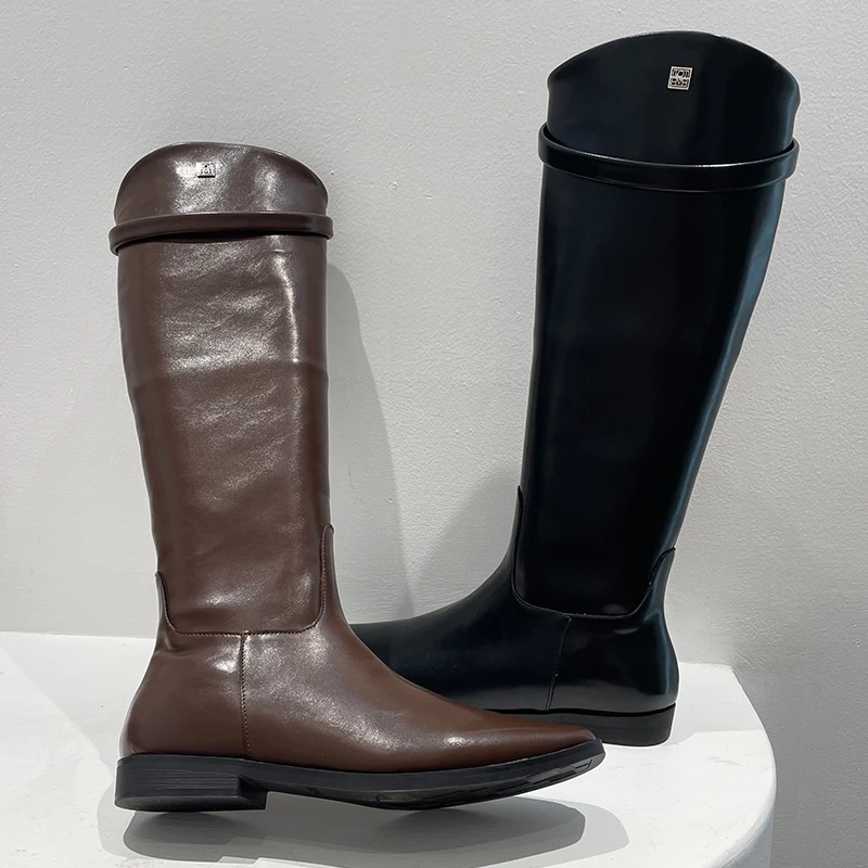 2023 Западные женские сапоги до колена, женская обувь с квадратным носком, Модная черная обувь, осенние женские длинные пинетки на плоской подошве.