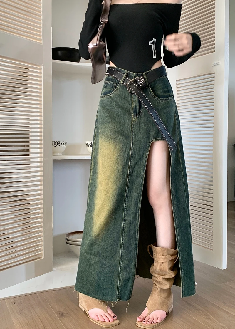 2023 Южнокорейская модная Новая Летняя юбка средней длины с высокой талией, Женская дизайнерская юбка из выстиранной джинсовой ткани с большим разрезом