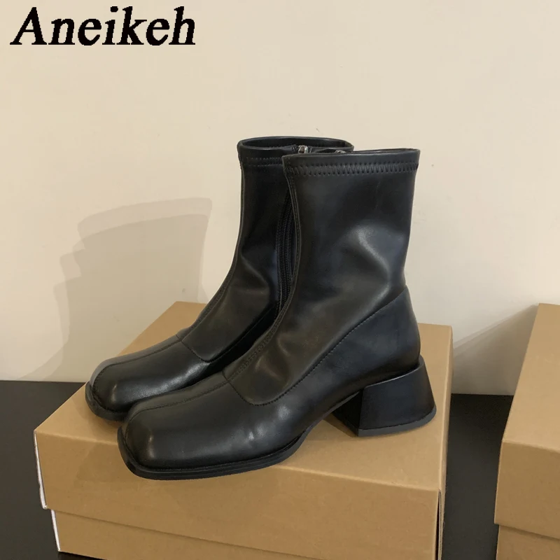 Aneikeh 2024 Модный тренд, современные ботинки из искусственной кожи, Женские Усовершенствованные ботинки на толстом каблуке с квадратной головкой и молнией до середины икры, Корейский стиль 35-39