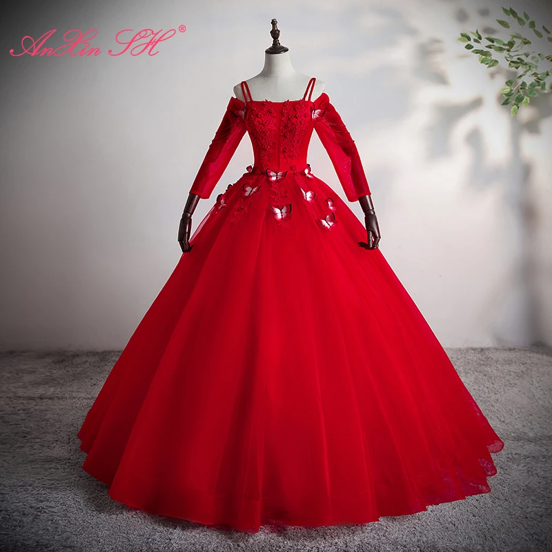 AnXin SH принцесса красное кружевное платье с вырезом лодочкой и длинным рукавом, бальное платье для вечеринки, расшитое бисером, хрустальная бабочка, вечернее платье с цветочным узором