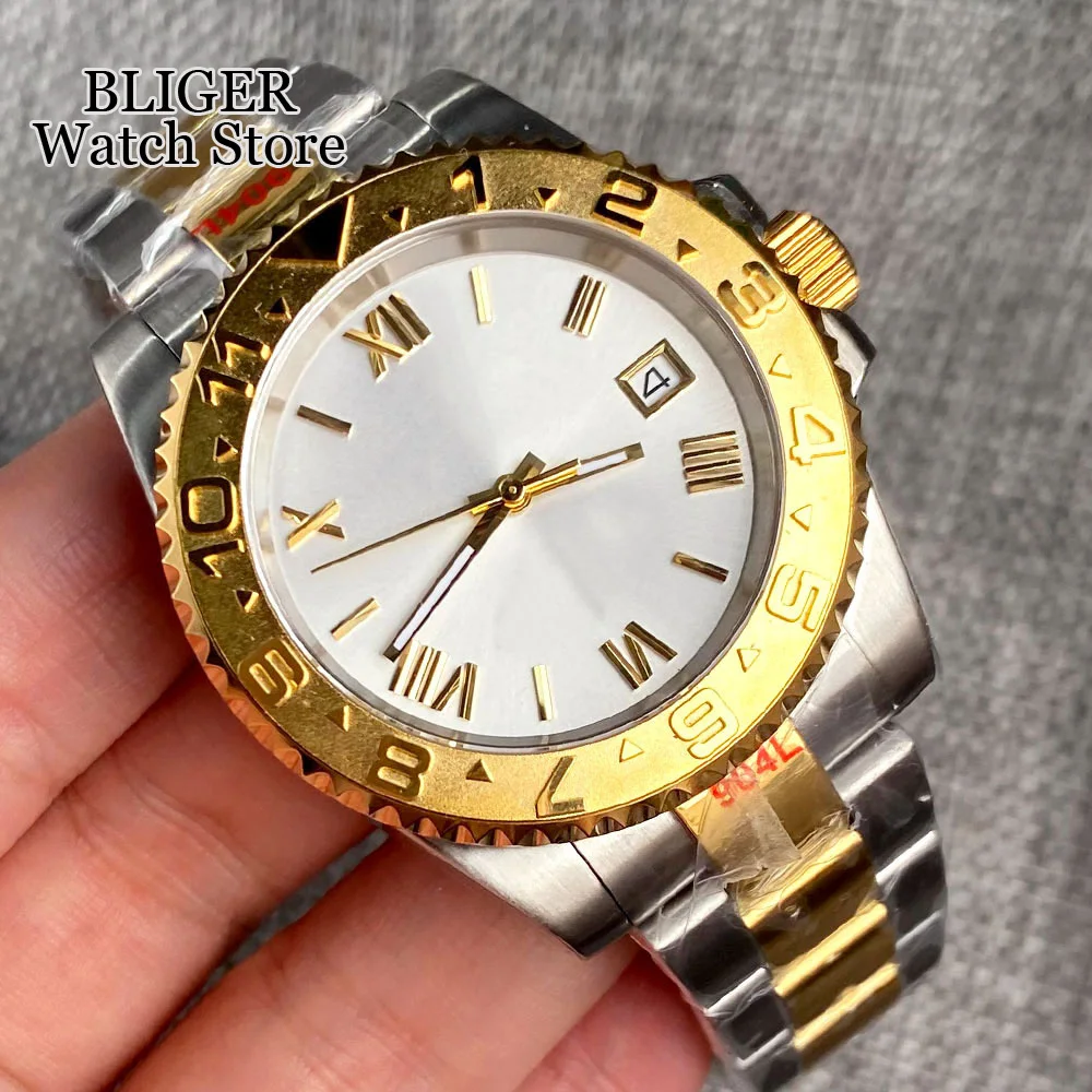 BLIGER 40 мм Двухцветное Золото NH35A Автоматические мужские часы С золотыми Римскими цифрами Серебряным циферблатом Стальным браслетом и застежкой из сапфирового стекла