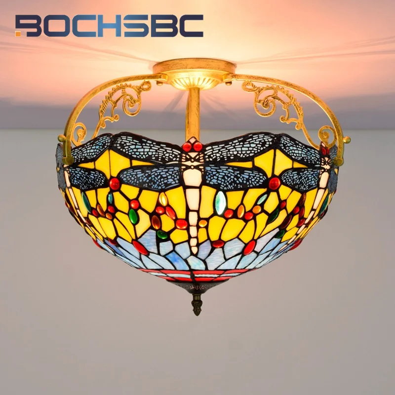BOCHSBC Tiffany Pastoral, 16-дюймовая стрекоза, витражное стекло, верхний светильник, декор для столовой, прохода, прихожей, ванной комнаты, потолочный светильник