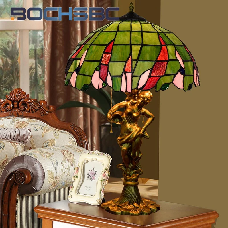 BOCHSBC настольная лампа из витражного стекла в стиле Тиффани с зелеными бусинами 16 дюймов в стиле ар-деко, гостиная, кабинет, прикроватная тумбочка для спальни, бьюти-лампа для чтения