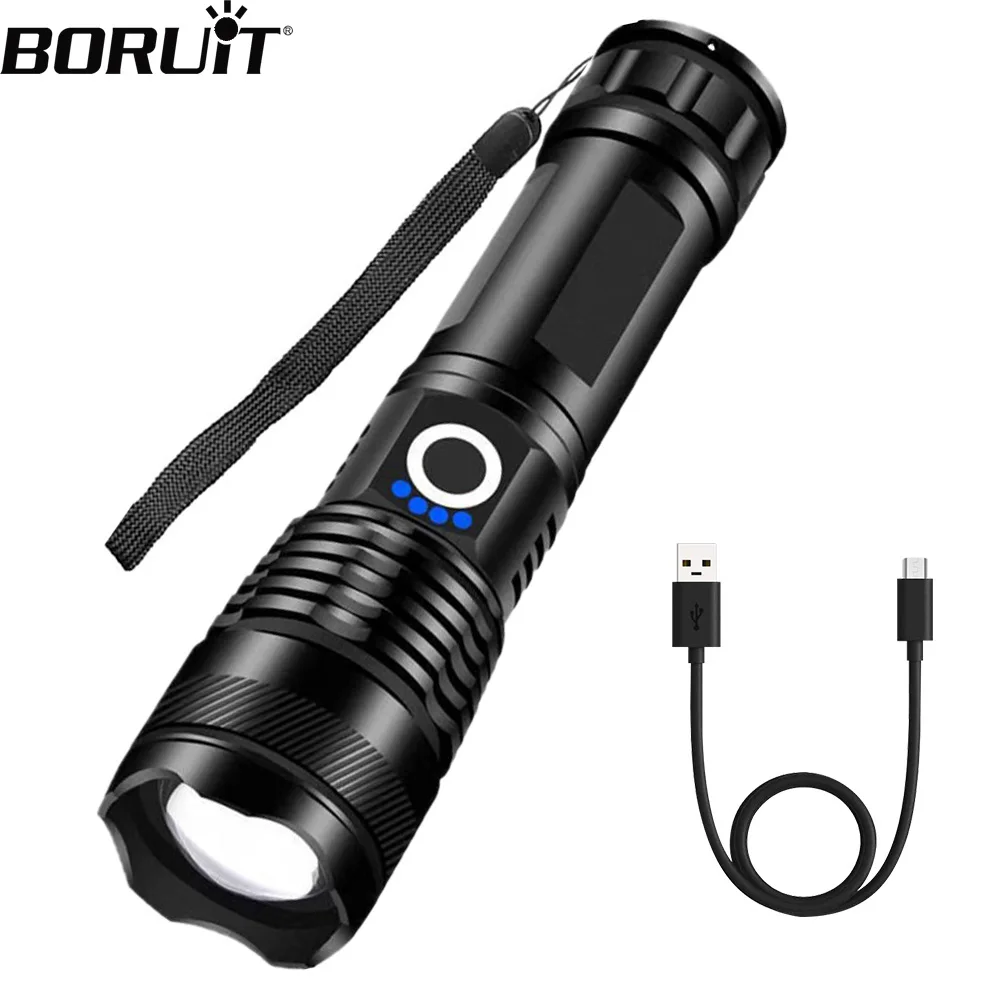 BORUiT P50 Мощный светодиодный фонарик с USB-перезаряжаемым зумом, открытый водонепроницаемый аварийный фонарь для кемпинга