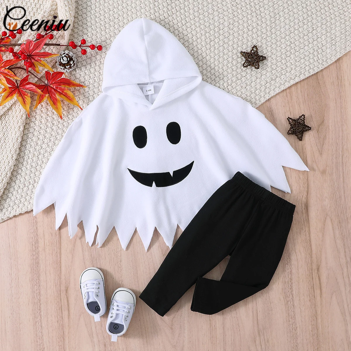Ceeniu 3-24 м, детские наряды на Хэллоуин Для мальчиков и девочек, флисовый плащ с капюшоном и штаны с белым призраком, мои первые детские костюмы на Хэллоуин