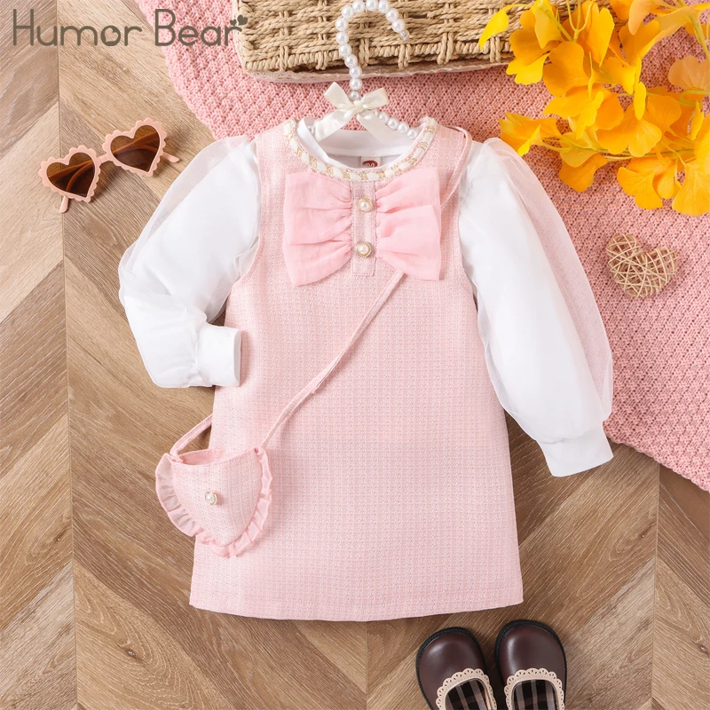 Humor Bear, Детская сетчатая рубашка с рукавами-пузырями, твидовый кружевной жилет, юбка, Сумка через плечо, Vestidos, повседневная одежда от 2 до 6 лет