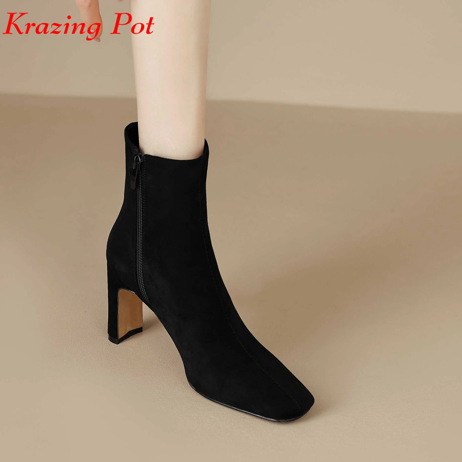 Krazing Pot Superstar/ Модные современные ботинки из коровьей кожи на высоком каблуке с квадратным носком; Лаконичное офисное женское платье на молнии; однотонные ботильоны;