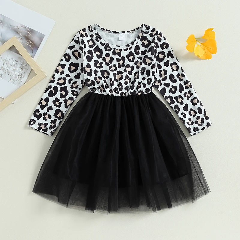 Listenwind/ осеннее платье принцессы для маленьких девочек от 3 до 7 лет, повседневное фатиновое платье с леопардовым принтом и длинными рукавами, круглый вырез, платье с леопардовым принтом