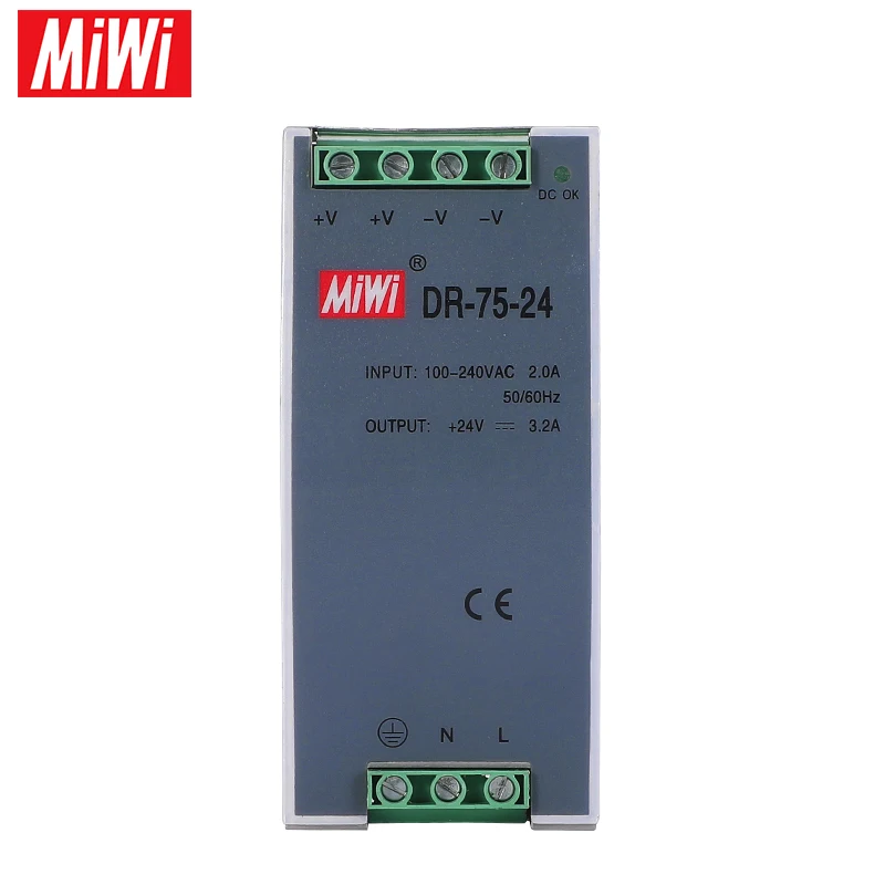 MiWi DR-75-24 Китай Поставщик Оптовая Цена 75 Вт 110 В 220 В переменного тока до 24 В постоянного тока Источник питания для монтажа на Din-рейку