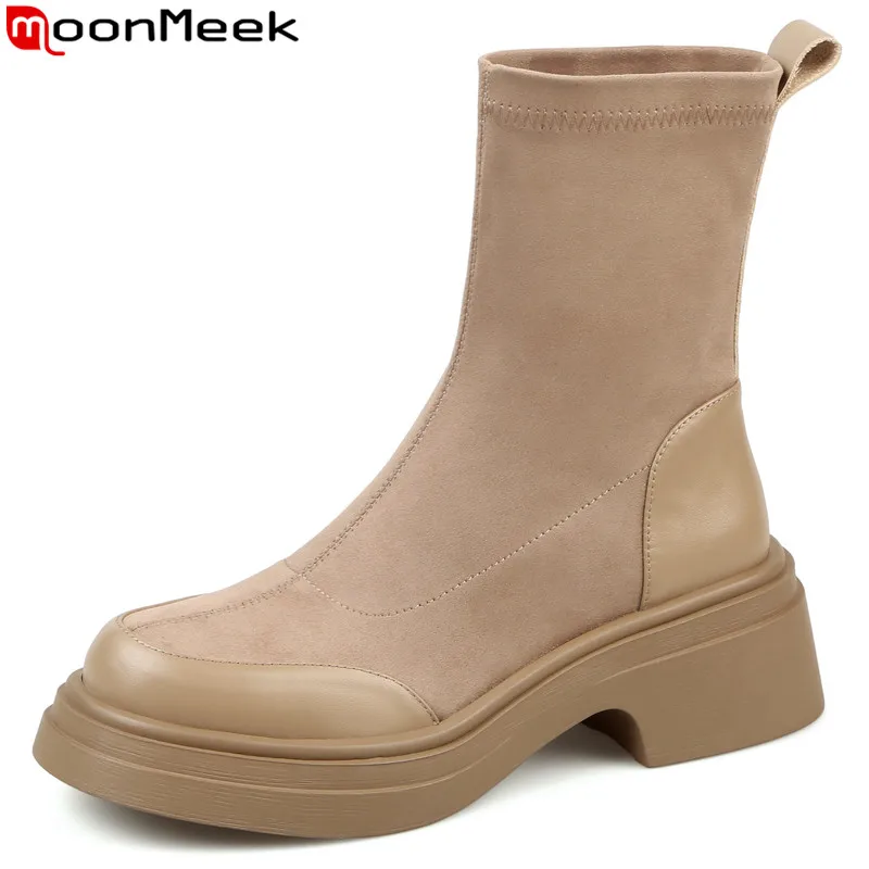 MoonMeek / Новинка 2023, женские весенние ботинки из эластичной ткани, офисные женские ботильоны на платформе, стрейчевые ботинки на высоком квадратном каблуке