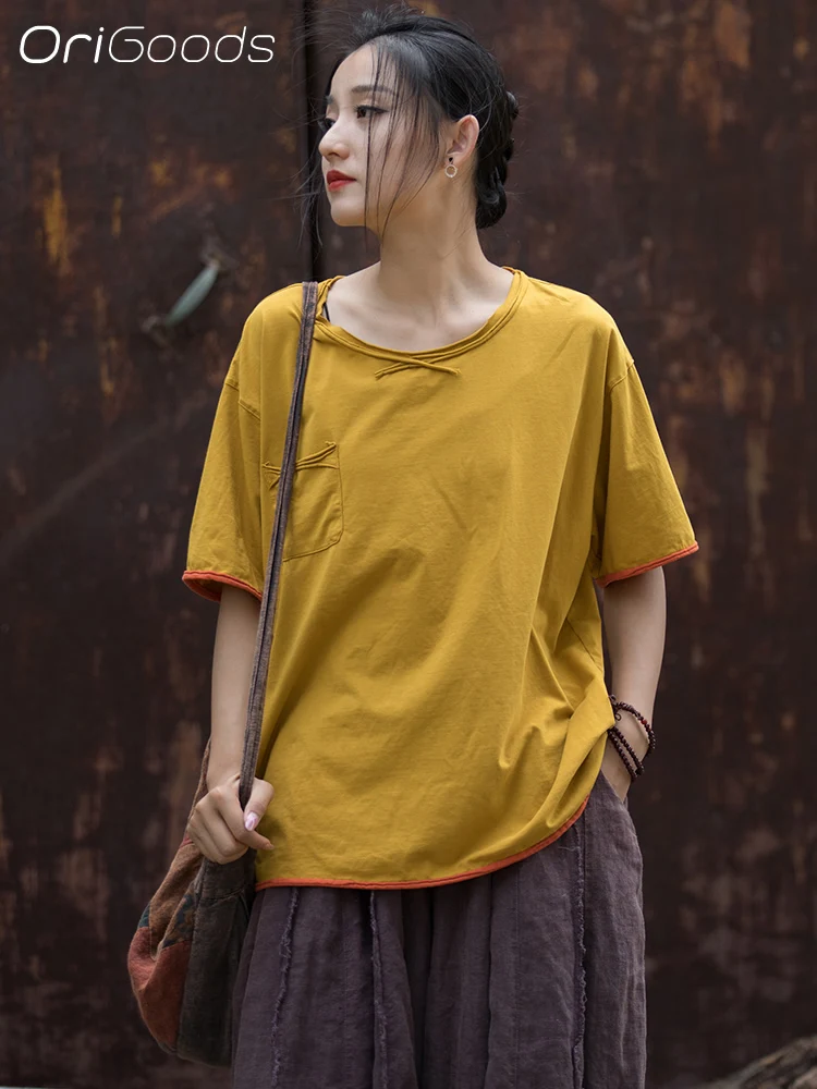 OriGoods Женская Летняя футболка из 100% хлопка, Однотонная Желто-Оранжевая Свободная Повседневная футболка Оригинального дизайна, Топы в Японском Корейском стиле B172