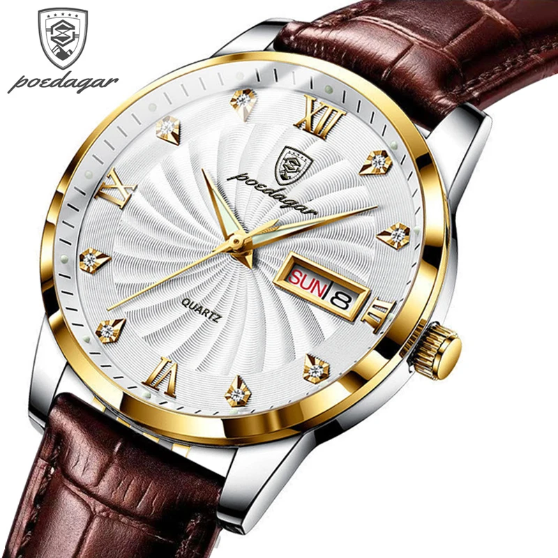 POEDAGAR Лидирующий бренд Классические кварцевые часы для мужчин Кожаный ремешок Водонепроницаемый Дата недели Деловые Повседневные мужские часы Relogio Masculino