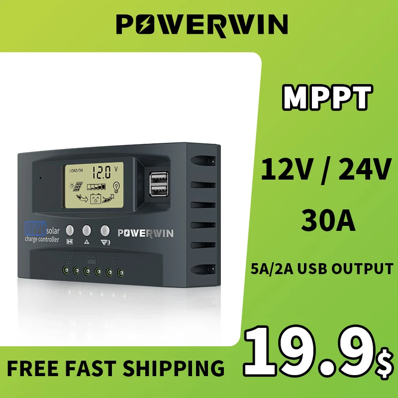 POWERWIN MT01 MPPT 30A Солнечный Контроллер 12V 24V Автоматическая Панель Солнечных Батарей Зарядное Устройство Регулятор Двойной USB ЖК-Дисплей Для Батареи Lifepo4