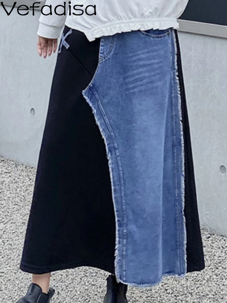 Vefadisa 2023 Осень-зима Сине-черное джинсовое платье с уличным рисунком, контрастное по цвету, Женская свободная модная юбка трапециевидной формы ZY2413