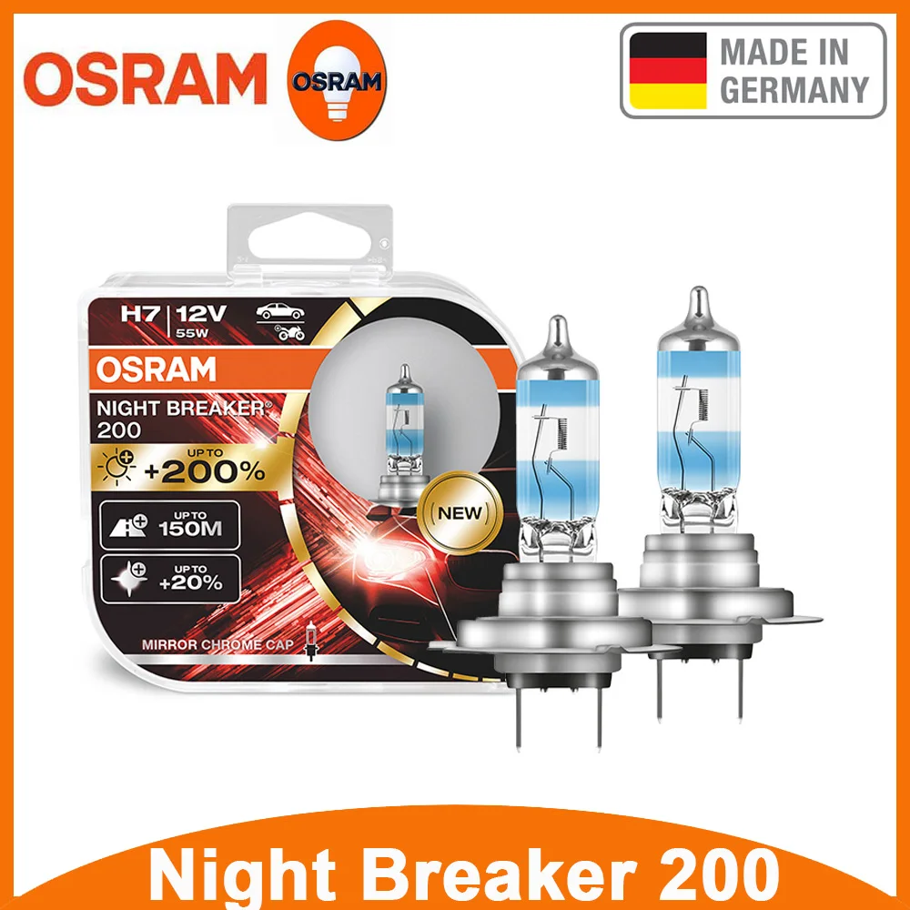 Автомобильные Галогенные фары OSRAM Night Breaker 200 H7 + на 200% больше яркости Оригинальных ламп 12V 55W PX26d 64210NB200 (2 ШТ.)