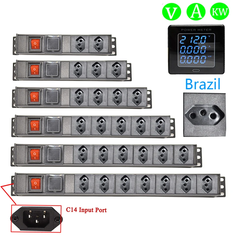 Бразильский блок распределения электроэнергии 2-8-полосная бразильская розетка с цифровым индикатором Ампер /Вольт /Ватт с интерфейсом C14