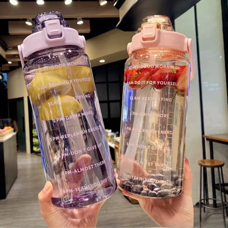 Бутылка для воды большой емкости объемом 2 литра с отметкой времени, портативные Пластиковые стаканчики, многоразовая бутылка для питья для занятий спортом на открытом воздухе с соломинкой