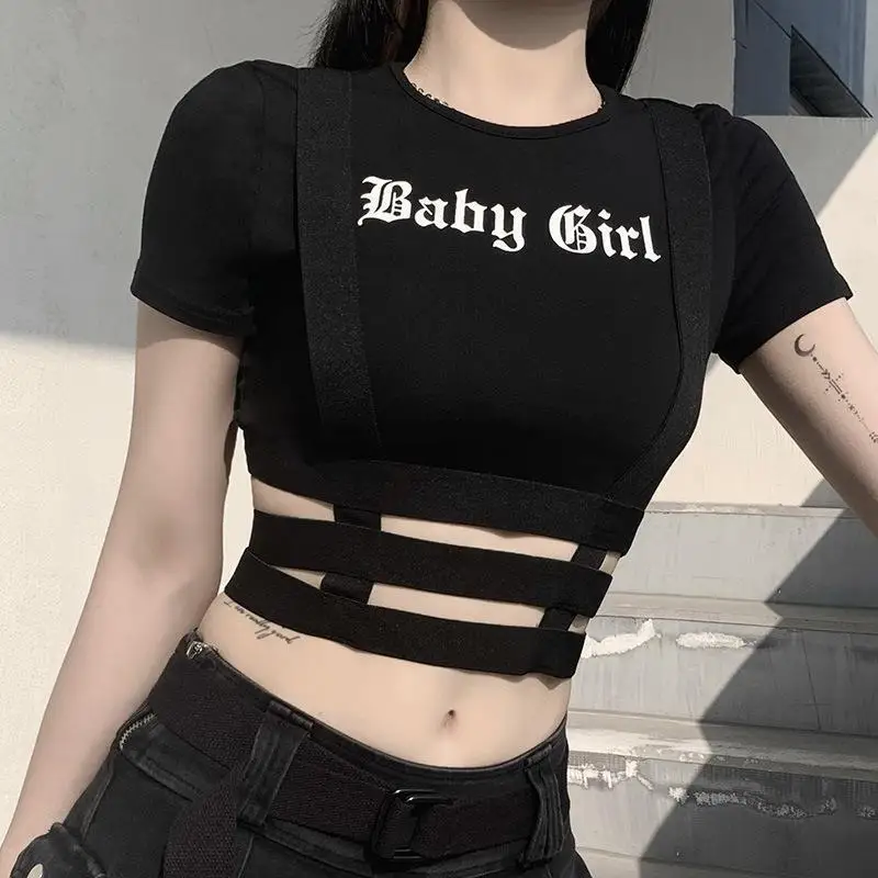 Винтажная футболка в стиле панк, женский укороченный топ, футболка с круглым вырезом, Черная уличная одежда с коротким рукавом
