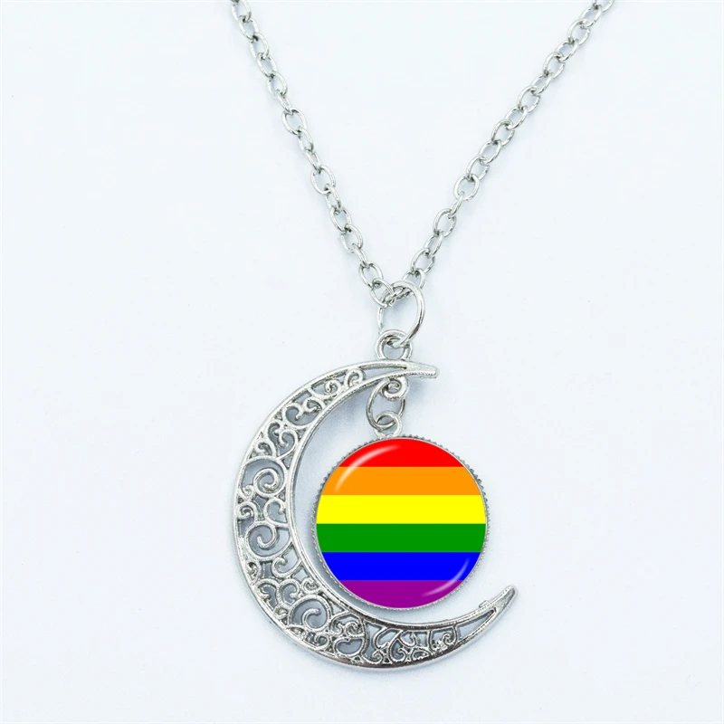 Гей-прайд, Радужное ожерелье с подвеской в виде Луны, лесбиянка, ЛГБТ, стеклянный купол, кабошон, позолоченное ожерелье для женщины, мужчины, Подарок любителю