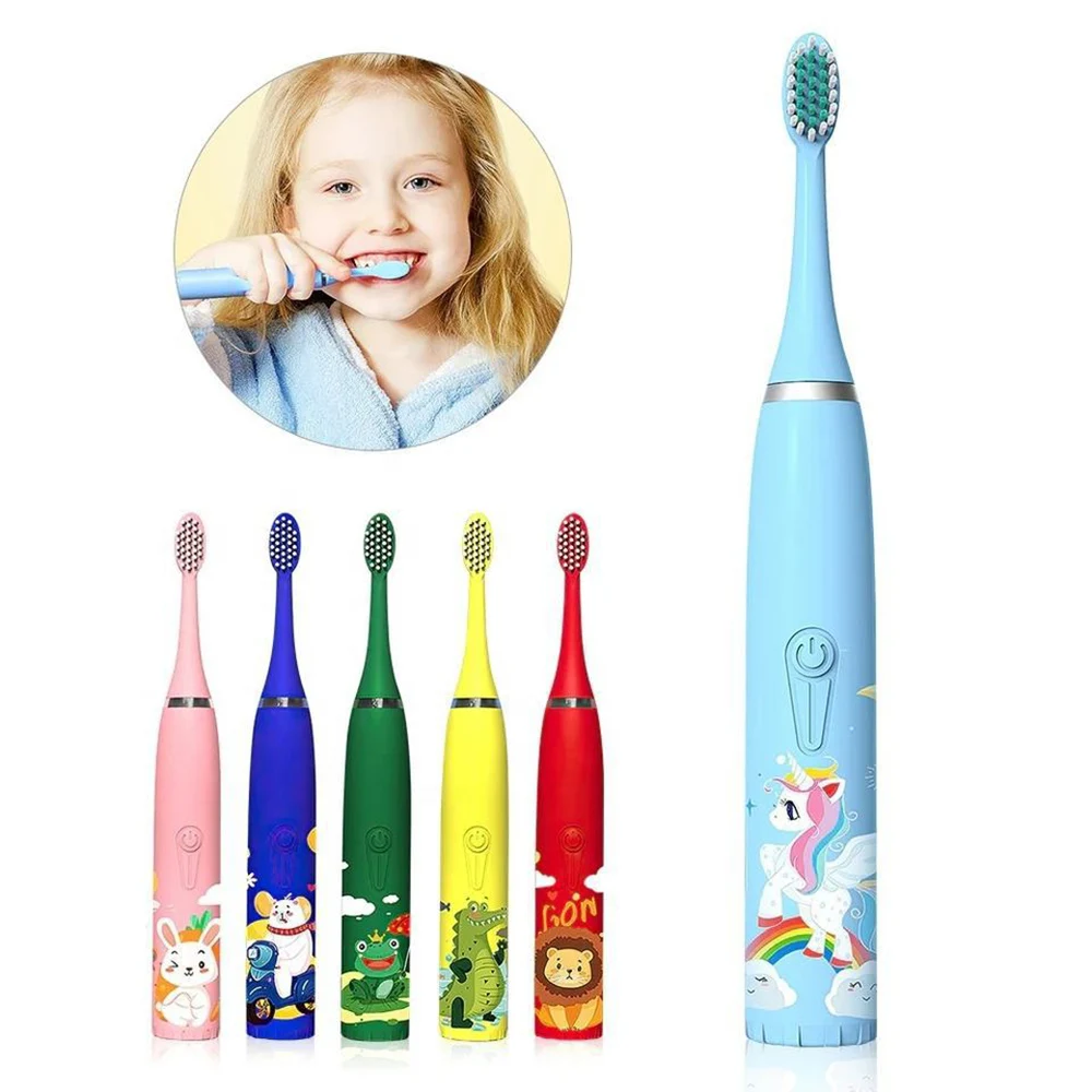 Детская электрическая зубная щетка со сменными насадками, детская мультяшная зубная щетка, ультразвуковая электрическая зубная щетка