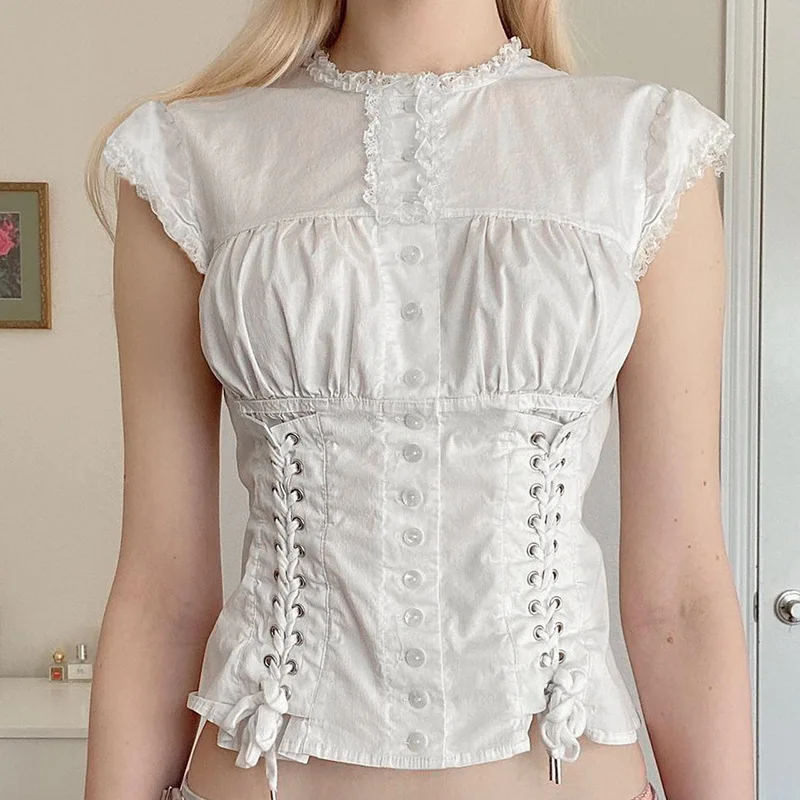 Дизайн повязки Эстетичный, милые топы с заниженными рукавами, однобортная рубашка в стиле корта, кокетливая блузка Fairycore, Милые майки