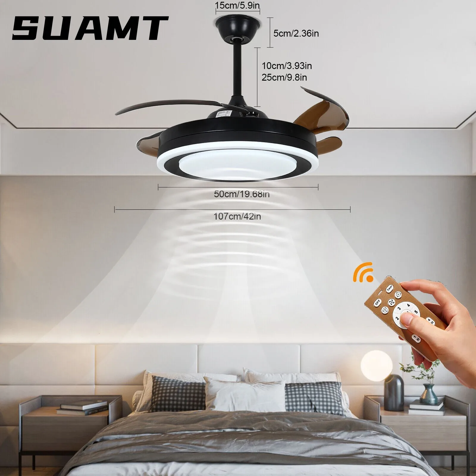 Домашний декор Потолочный вентилятор с дистанционным управлением, светодиодная люстра, 42-дюймовые выдвижные потолочные вентиляторы с подсветкой для спальни / гостиной