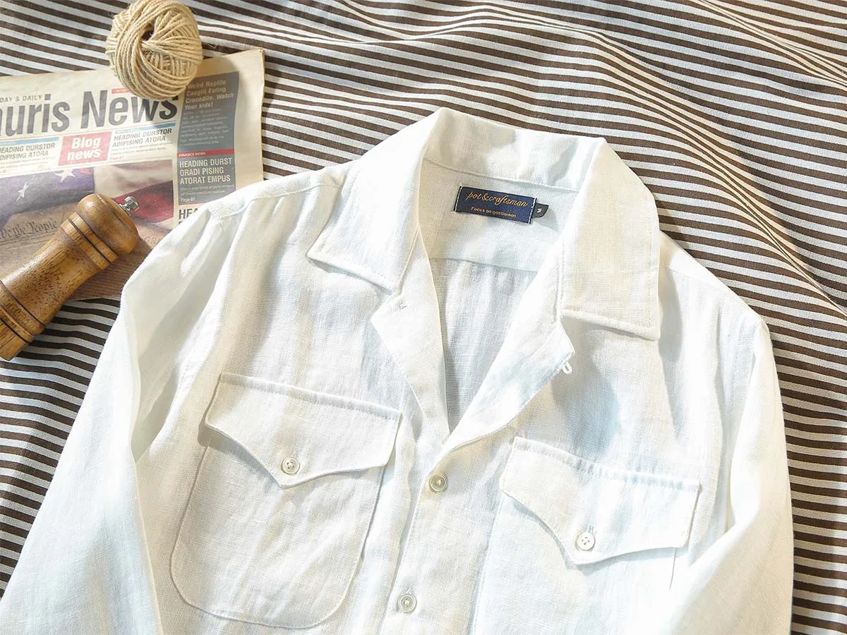 Европейский и американский стиль Кубинский воротник С длинным рукавом Мужская винтажная льняная Гавайская рубашка Повседневная тонкая рубашка Белая рубашка