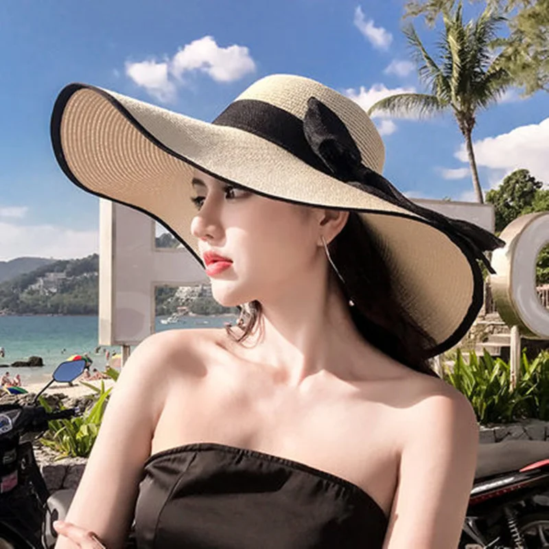 Женская летняя соломенная шляпа для пляжных путешествий, Корейская Приморская шляпа с большими полями, солнцезащитный крем, солнцезащитный козырек, Праздничная складная модная Большая крутая шляпа