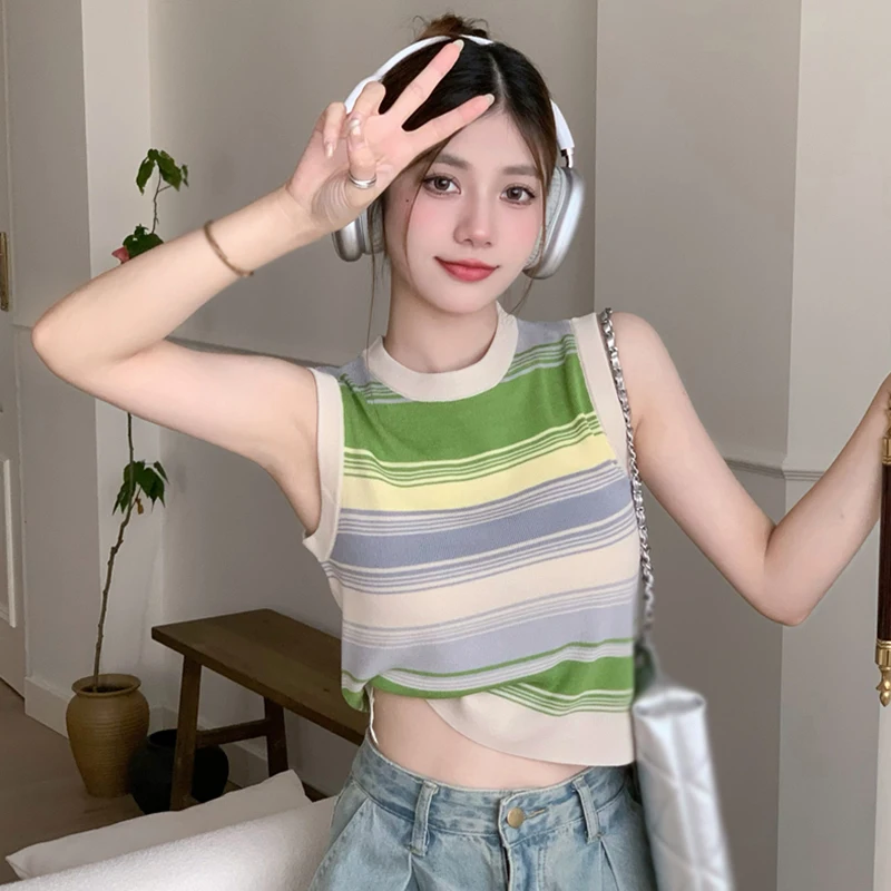 Женская майка корейская версия С круглым вырезом в полоску контрастного цвета, облегающие повседневные модные топы без рукавов с допамином