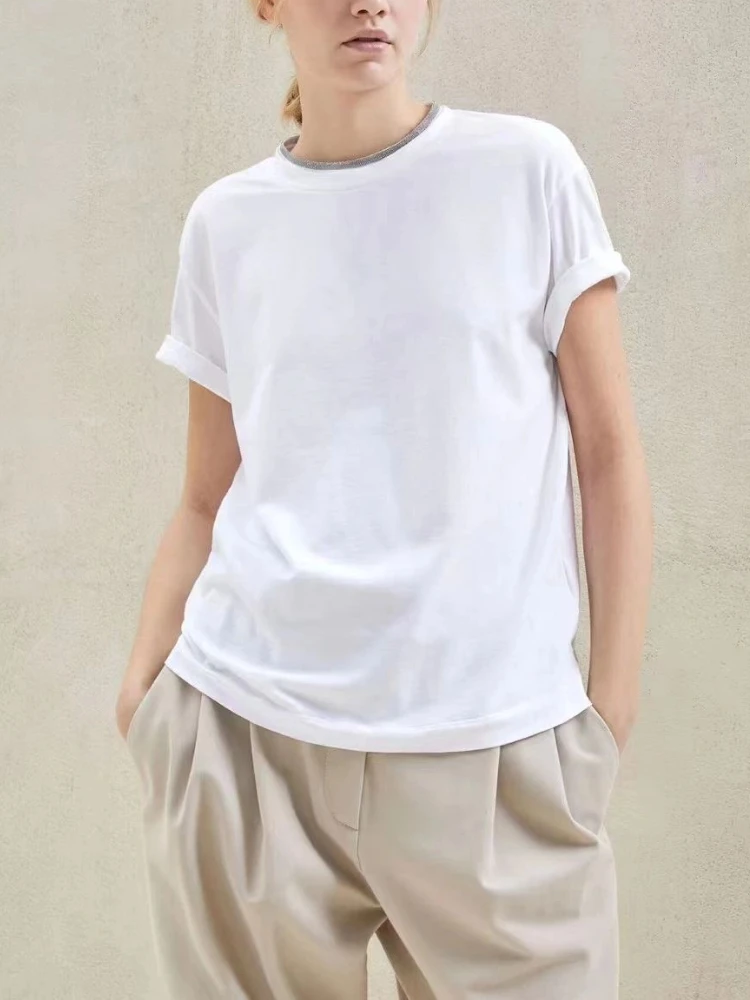 Женская футболка 2023, Летняя Новая Универсальная футболка с круглым вырезом, расшитая бисером, с короткими рукавами
