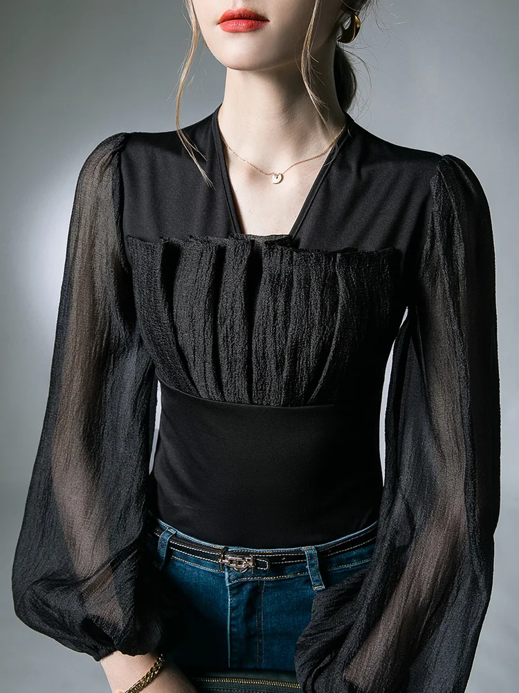Женская футболка с V-образным вырезом и длинным рукавом, осень, Новый сезон, перспективный сексуальный черный топ с рукавами-фонариками