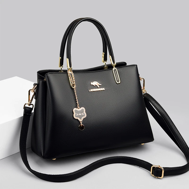 Женская элегантная черная сумка через плечо из качественной кожи, эстетичная женская большая сумка, Шикарная металлическая цепочка с подвеской, Женские сумки через плечо