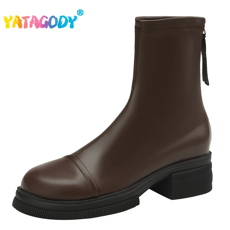 Женские ботильоны YATAGODY Размера 33-43, винтажная зимняя обувь на массивном каблуке, женские модные ботинки на платформе, Эластичные пинетки на молнии