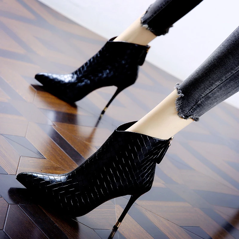 Женские Ботинки С Острым Плетением И V-образным вырезом на молнии сзади, Демисезонные Короткие Ботинки 