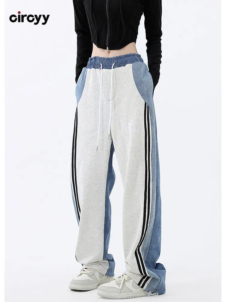 Женские брюки Y2k с высокой талией, в полоску по бокам, с завязками в стиле пэчворк, повседневные широкие брюки, спортивные штаны полной длины, весна 2023, Корейский стиль.