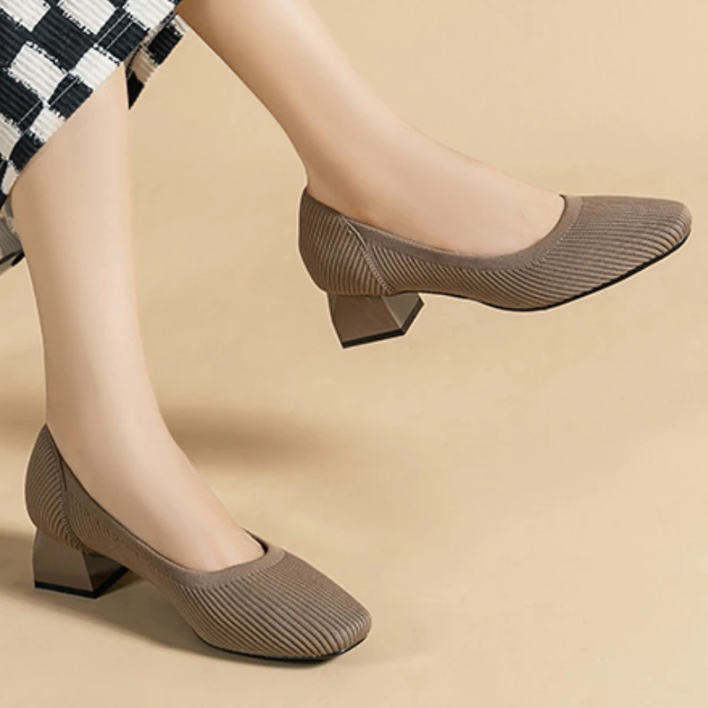 Женские весенне-осенние дышащие туфли на толстом каблуке, вязаные однотонные вечерние туфли-лодочки Zapatos Para Mujer