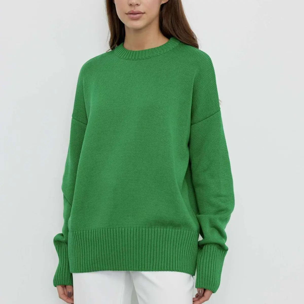Женские зеленые трикотажные свитера, базовый теплый винтажный свитер, вязаный женский Толстый Свободный однотонный пуловер-джемпер Оверсайз 2023 года выпуска