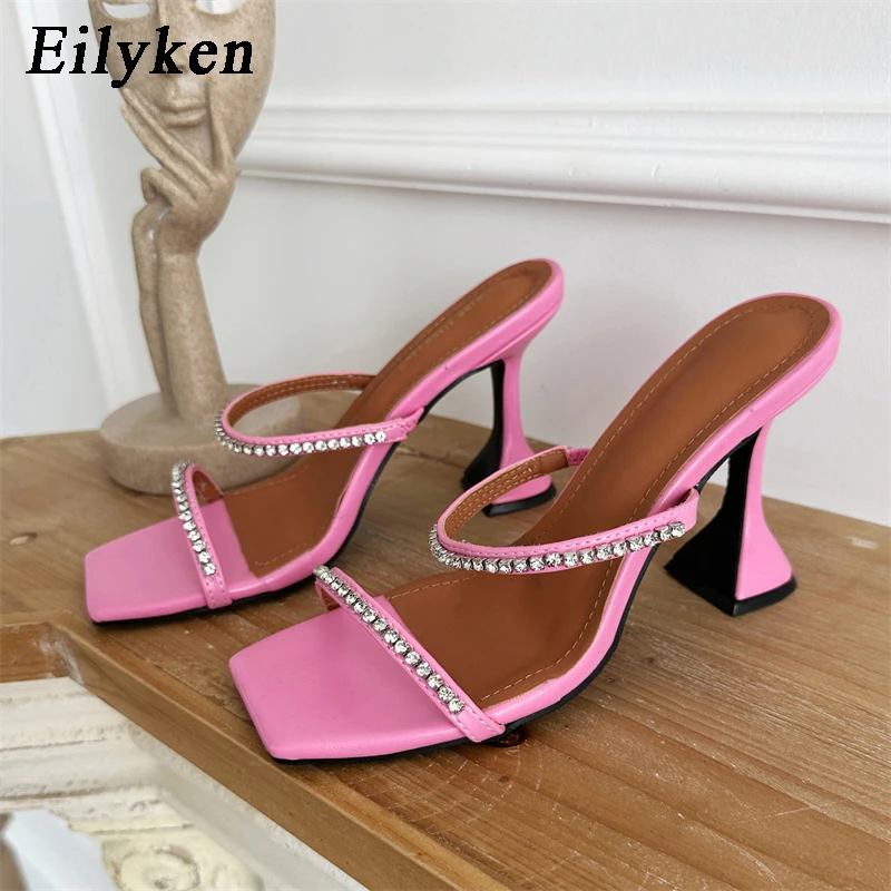 Женские тапочки на высоком каблуке с кристаллами Eilyken, Уличные Шлепанцы, Лаконичная обувь с квадратным носком, летние женские Босоножки