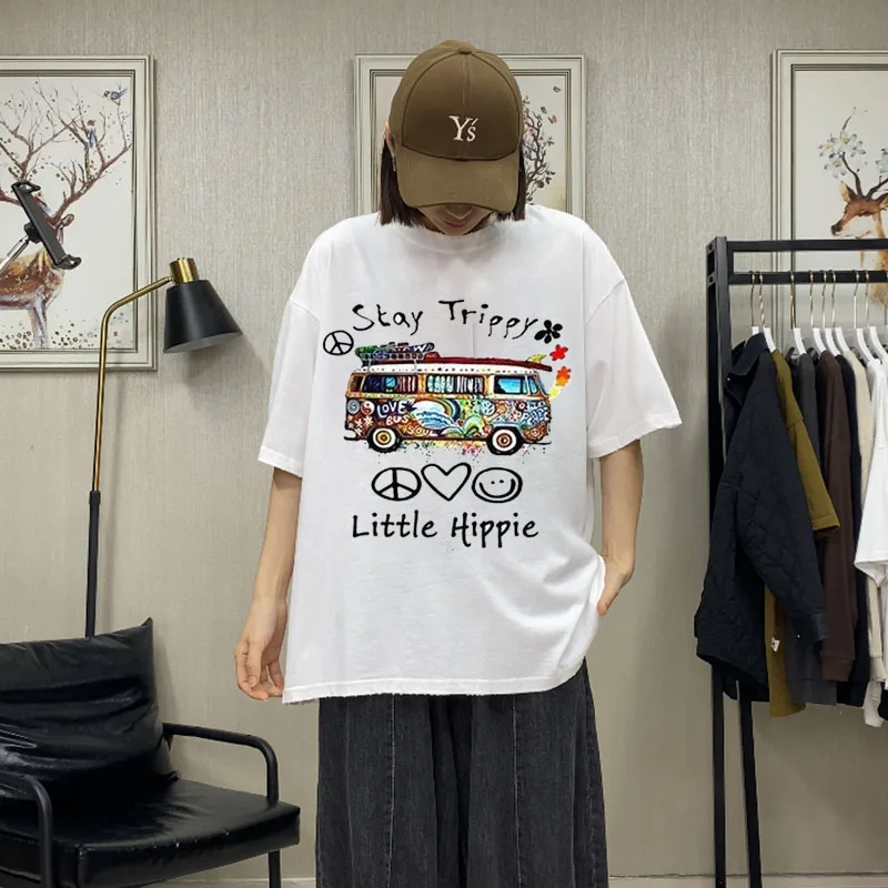 Женские футболки с графическим принтом Harajuku Personality Little Hippie, Уличная одежда в стиле хип-хоп, Повседневные Свободные топы с короткими рукавами, Унисекс