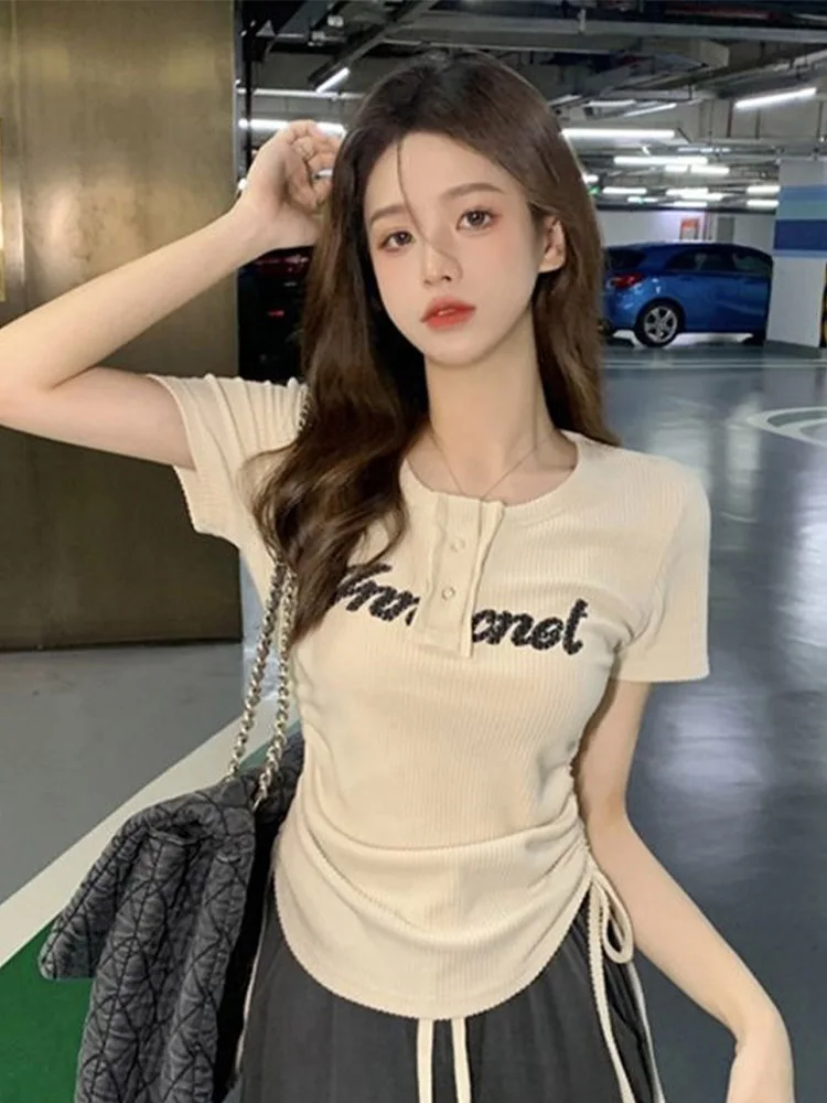 Женские футболки, топы Y2k, летнее сексуальное вязаное изделие с рисунком в стиле харадзюку, корейская мода, с буквами, короткий рукав, эстетическая одежда