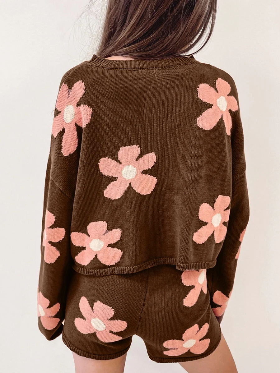Женский комплект одежды из двух предметов, свитер с длинным рукавом, топы и шорты с цветочным принтом, комплект одежды для отдыха