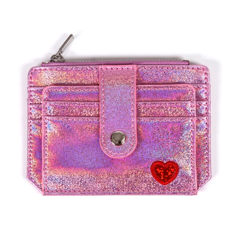 Женский розовый кошелек на молнии для девочек, красочная сумка для карточек с вышивкой в форме сердца, пряжка, нулевой кошелек, милый футляр для карточек, зажим для монет и банковских карт
