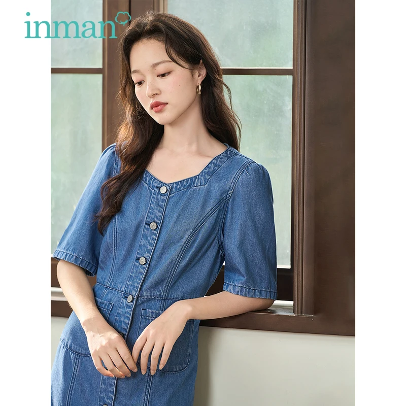 Женское джинсовое платье INMAN, лето 2023, короткие рукава, вырез в форме сердца, А-образный однобортный дизайн с пуговицами, Повседневная синяя юбка