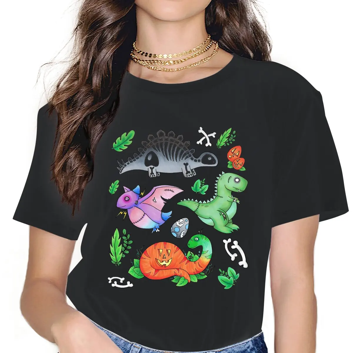 Забавная футболка с монстрами-динозаврами на Хэллоуин, Женская футболка с круглым воротником из 100% хлопка, футболка со скелетом Ти-Рекса, футболка с коротким рукавом, идея подарка