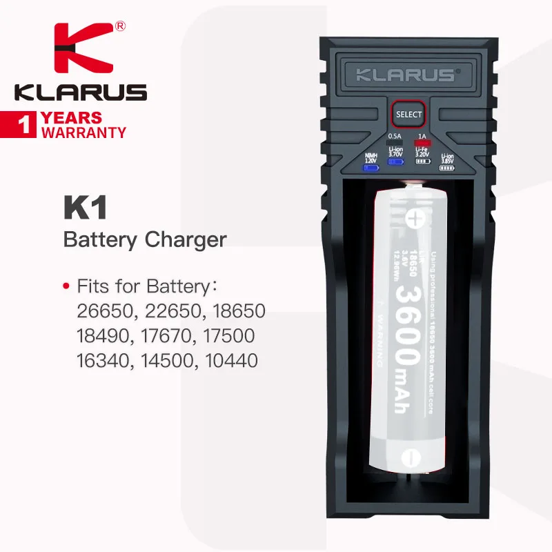 Зарядное устройство Klarus K1 для аккумулятора фонарика, подходит для 26650/22650/18650/18490/17670/17500/16340/14500/10440 и т. Д