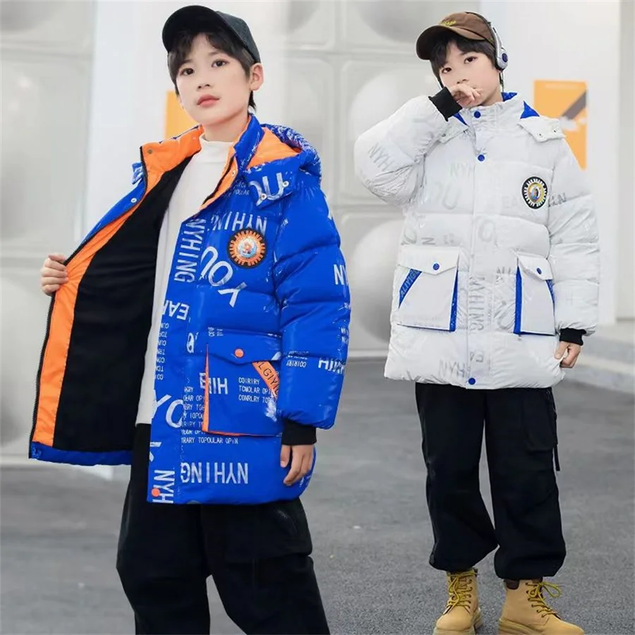 Зимние толстые теплые куртки для мальчиков, пальто, модный хлопковый пуховик с буквенным принтом, ветровка с капюшоном, верхняя одежда для детей, одежда