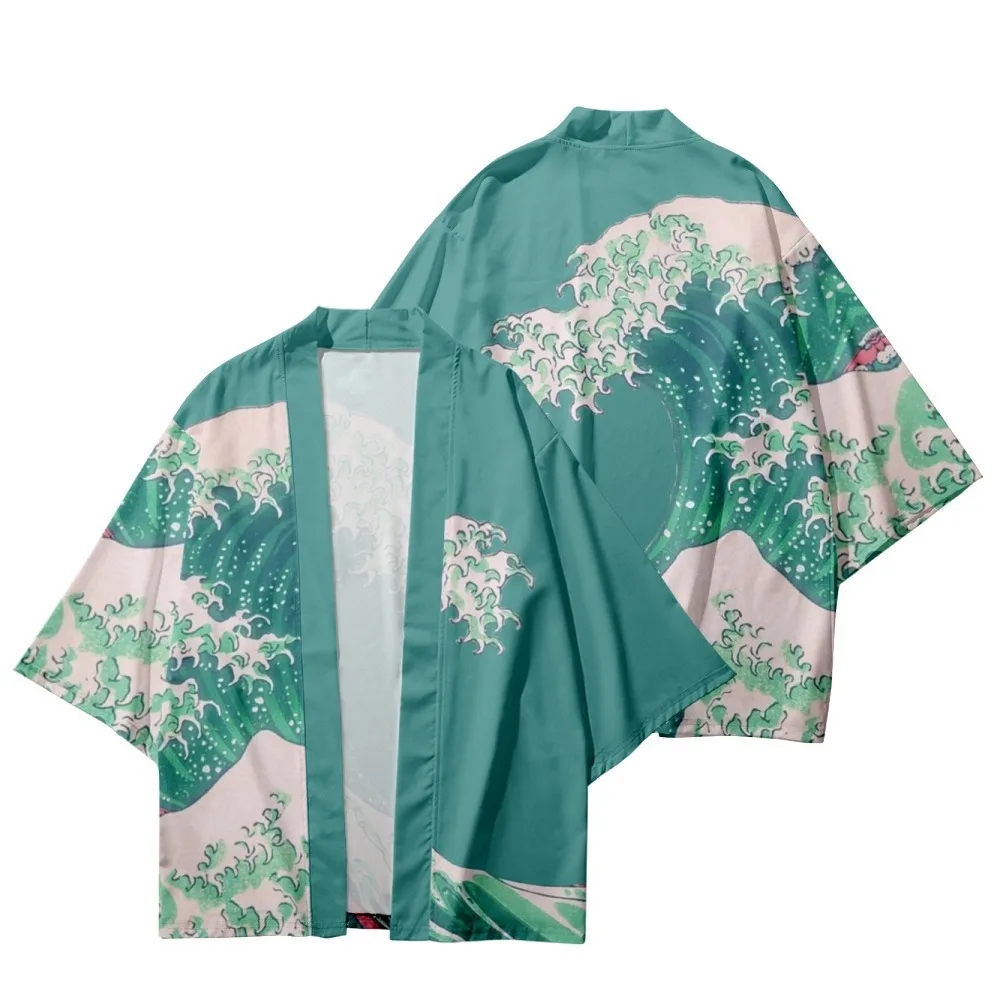 Кимоно, рубашка-кардиган с принтом морской волны, косплей Хаори, японский традиционный костюм самурая, уличная одежда, пляжные пальто большого размера